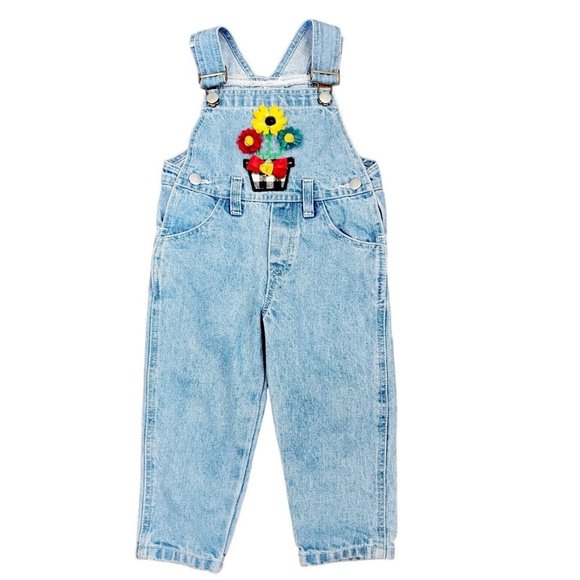90s Toddler Girls Denim Jean Overall Bibs 3D Flower Appliques Size 2T VTG Retro - Picture 2 of 7